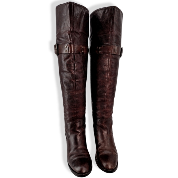 RUSTIC "Clancy" DISTRESSED REDDISH BROWN OVER KNEE BOOTS STRAPPED w BUCK… - Picture 4 of 13